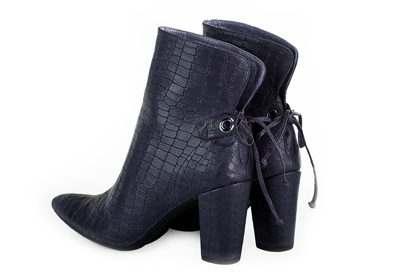 Navy blue women's ankle boots with laces at the back. Tapered toe. High block heels. Rear view - Florence KOOIJMAN
